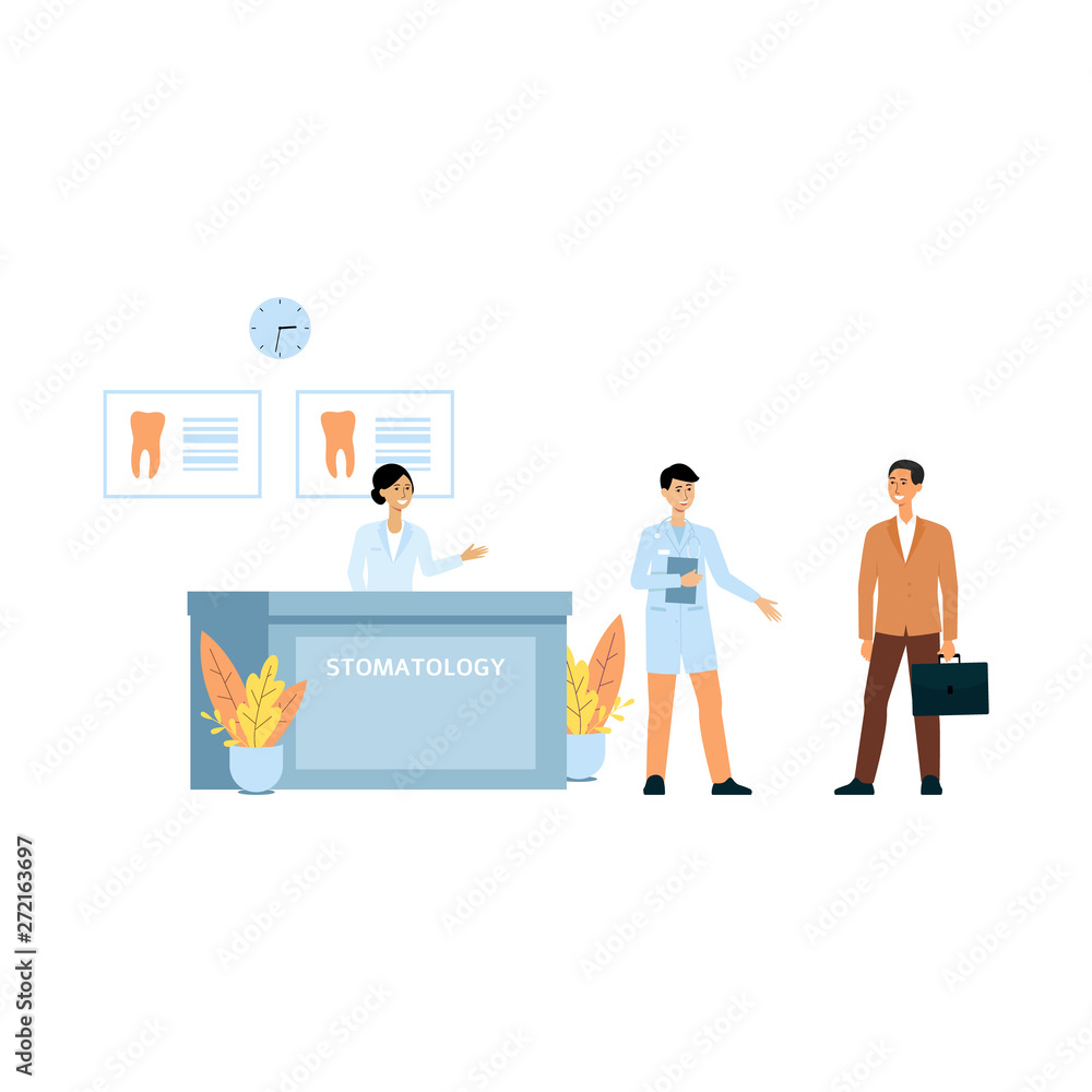 Manager at reception desk and the dentist welcomes patients vector illustration. Manager at reception desk and the dentist welcomes patients vector illustration.