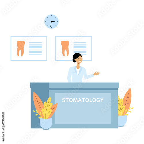 Administrator at dental clinic reception desk flat vector illustration isolated.