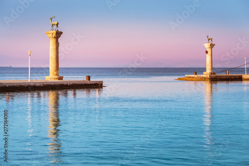 Famous tourist destination in Mandraki port with deers statue, where The Colossus was standing. Rhodes, Greece