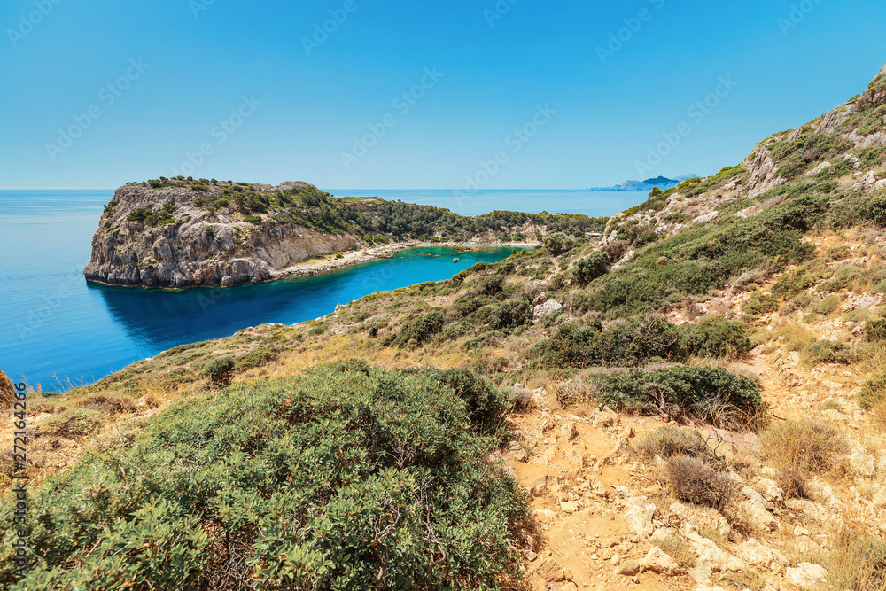 Place named Anthony Quinn Bay lagoon in Rhodes island, Greece. Panoramic sea paradise landscape