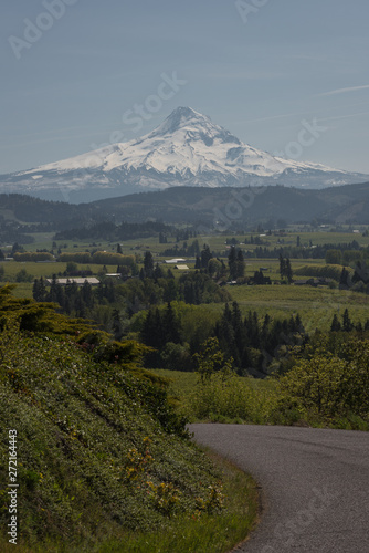 Scenic road views of Mt Hood over the Hood River Valley in Oregon