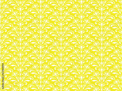 Wallpaper in the style of Baroque. Seamless vector background. White and yellow floral ornament. Graphic pattern for fabric, wallpaper, packaging. Ornate Damask flower ornament