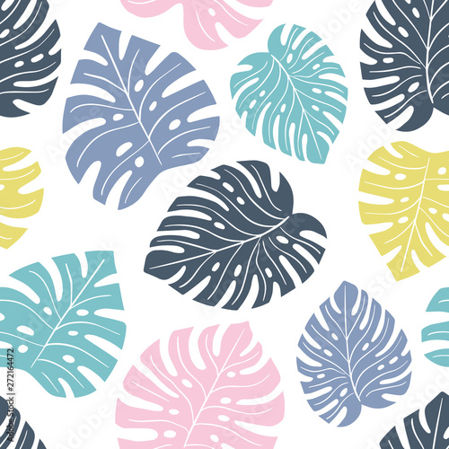 Exotic seamless colorful bright pattern with green tropical jungle leaves silhouettes on white background. Floral modern pattern for textile  manufacturing etc. Vector illustration