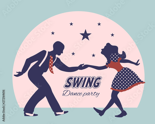 Swing dance couple silhouette with stars and circle on background. 1940s and 1930s style. Woman in dress with dots and man with suspenders and tie. Flat vector illustration.