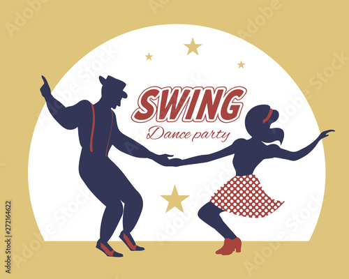 Swing dance couple silhouette with stars and circle on background. 1940s and 1930s style. Woman in dress with dots and man with suspenders and tie. Flat vector illustration.