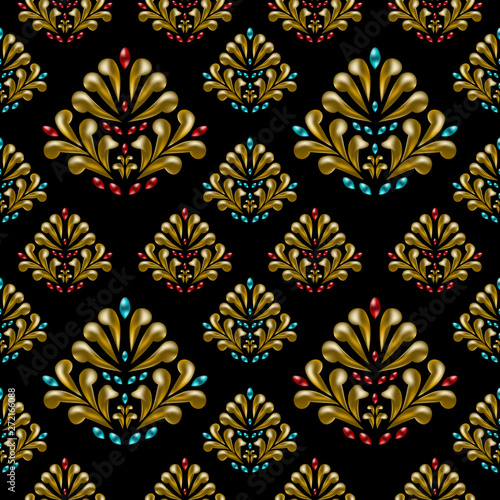 Golden floral seamless pattern with blue and pink drops on a black background