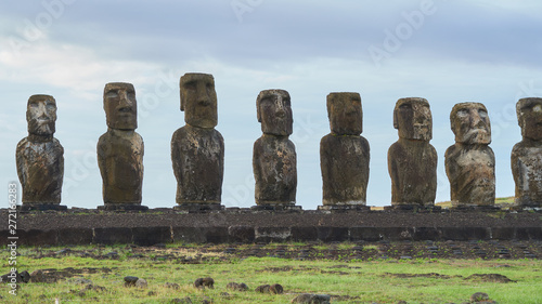 Gigantic moai of Ahu Tongariki on Easter Island in Chile.