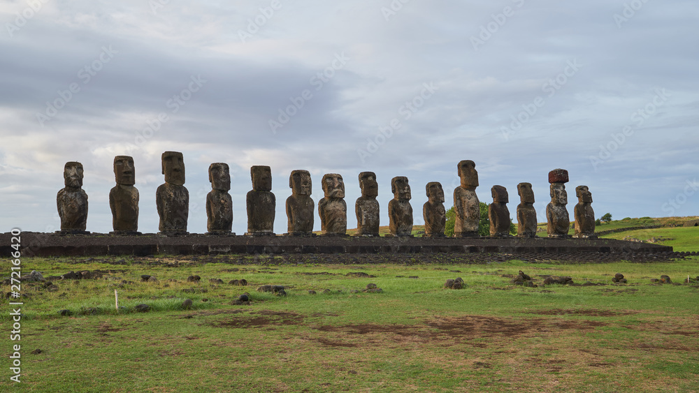 Fifteen gigantic moai of Ahu Tongariki on Easter Island in Chile.