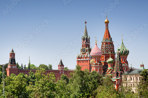 St. Basil's Cathedral and Spasskaya tower Moscow kremlin summer day cityscape
