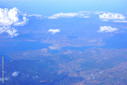 Aerial view of the Euripus Strait and the town of Chalcis  Chalkida  on the island of Euboea in Greece