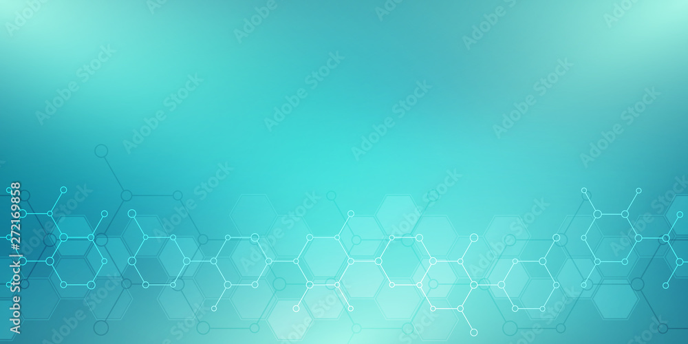 Abstract molecules on green background. Molecular structures or chemical engineering, genetic research, technological innovation. Scientific, technical or medical concept.