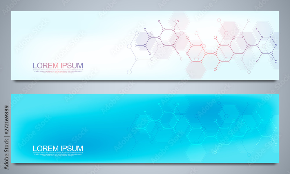Banners design template and headers for site with molecular structures. Abstract vector background. Science, medicine and innovation technology concept. Decoration website and other ideas.