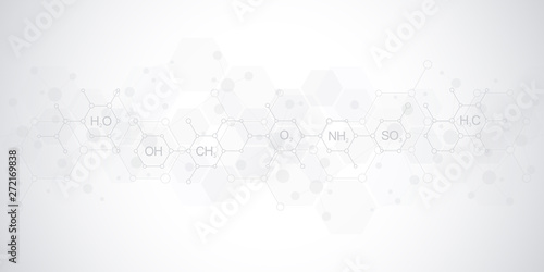 Abstract chemistry pattern on soft grey background with chemical formulas and molecular structures. Template design with concept and idea for science and innovation technology.