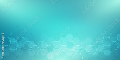 Abstract molecules on green background. Molecular structures or chemical engineering, genetic research, technological innovation. Scientific, technical or medical concept.