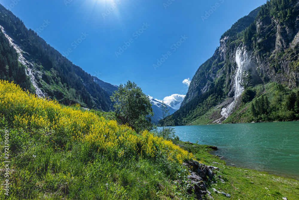 Fototapeta premium Summer alpine landscape with mountain lake. Stillup, Stillup Lake, Austria, Tirol