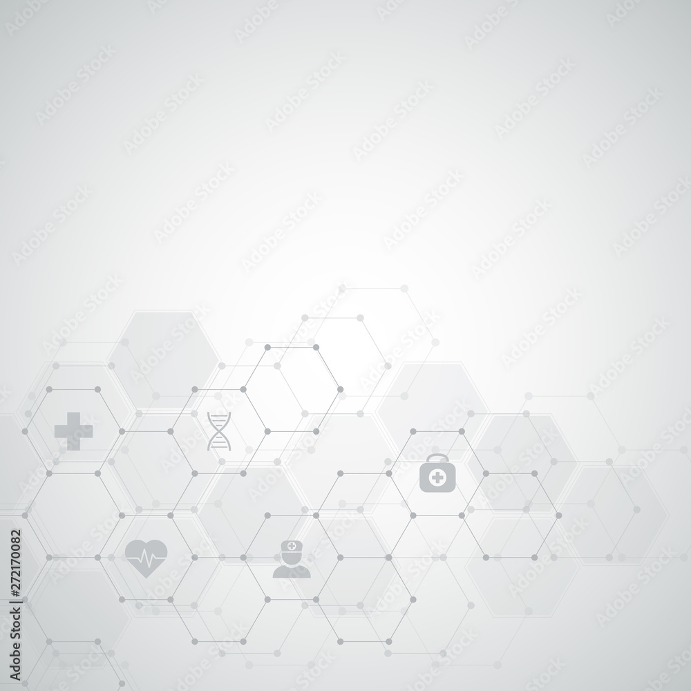 Fototapeta premium Abstract medical background with flat icons and symbols. Template design with concept and idea for healthcare technology, innovation medicine, health, science and research.