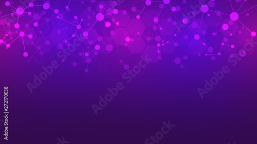 Abstract molecules on purple background. Molecular structures or DNA strand, neural network, genetic engineering. Scientific and technological concept. © berCheck