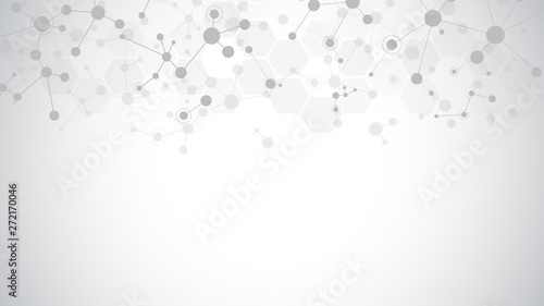 Abstract molecules on soft grey background. Molecular structures or DNA strand, neural network, genetic engineering. Scientific and technological concept.
