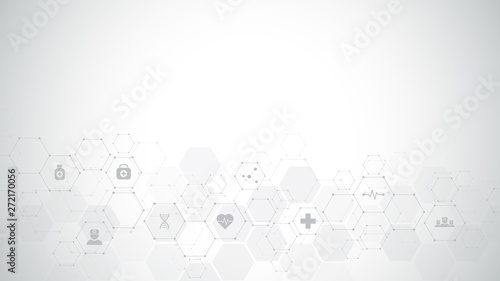 Abstract medical background with flat icons and symbols. Template design with concept and idea for healthcare technology, innovation medicine, health, science and research.