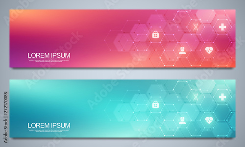 Banners design template for healthcare and medical decoration with flat icons and symbols. Science, medicine and innovation technology concept. © berCheck