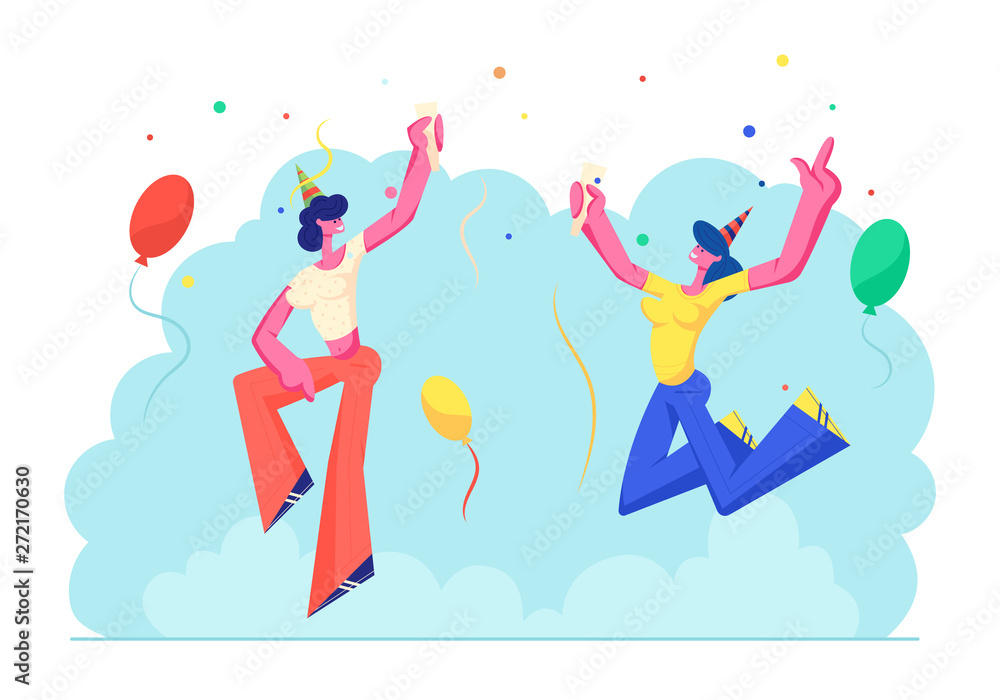 Cute Cheerful Girls Jumping with Hands Up in Festive Hats Holding Wine Glasses Celebrating Birthday Party Holiday on Colorful Background with Balloons and Confetti. Cartoon Flat Vector Illustration Cute Cheerful Girls Jumping with Hands Up in Festive Hats Holding Wine Glasses Celebrating Birthday Party Holiday on Colorful Background with Balloons and Confetti. Cartoon Flat Vector Illustration