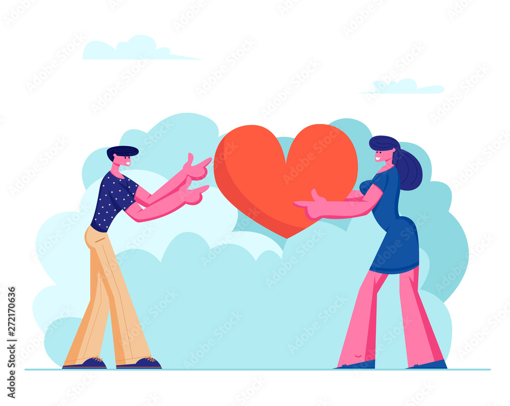 Loving Couple Share Huge Red Heart to Each Other Loving Couple Share Huge Red Heart to Each Other