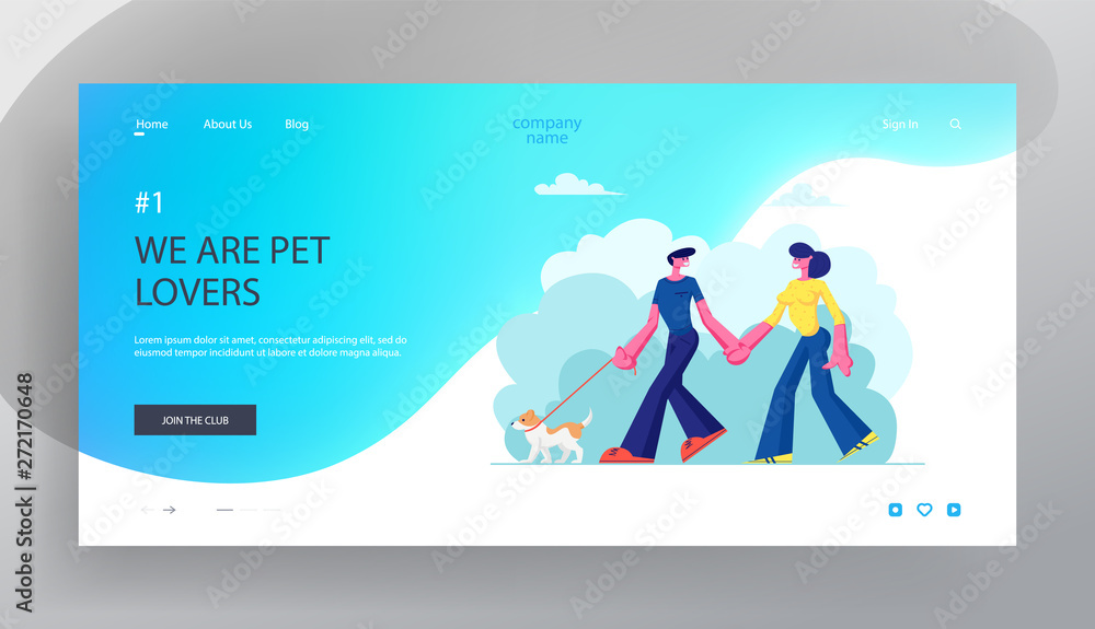 Loving Couple Walking with Dog, Holding Hands in Public City Park. People Spending Time with Pets Outdoors Relax, Leisure, Website Landing Page, Web Page. Cartoon Flat Vector Illustration, Banner