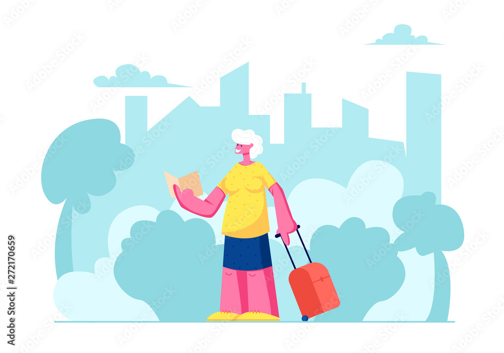 Senior Tourist Female Character with Luggage Watching Map in City Trip, Elderly Traveling Woman Searching Right Way in Foreign Country, Aged Lady in Voyage Abroad