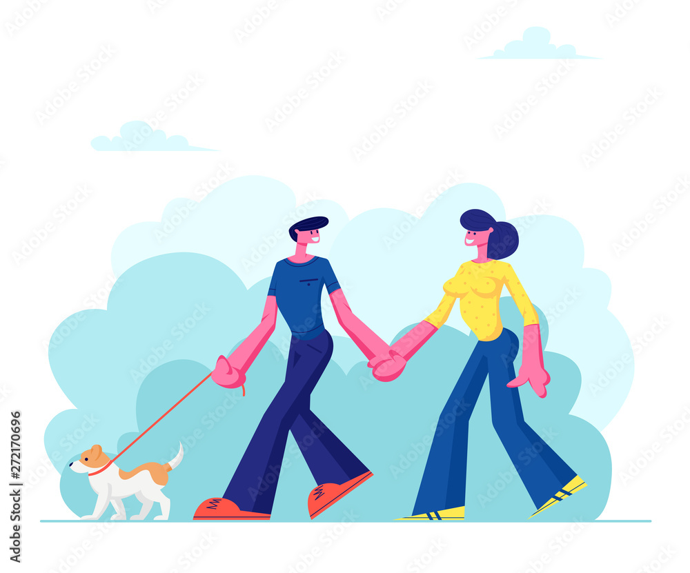 Loving Couple Walking with Dog, Holding Hands in Public City Park. People Spending Time with Pets Outdoors on Summer Time. Relax, Leisure, Communication with Animals. Cartoon Flat Vector Illustration