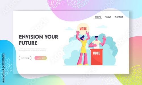 People Putting Paper Vote into Ballot Box. Male and Female Characters, Execute Rights and Duties in Political Life of Country Website Landing Page, Web Page. Cartoon Flat Vector Illustration, Banner
