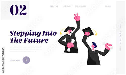 Cheerful Young Man and Woman Dressed in Mantle and Academical Cap Holding Diploma Celebrating Graduation, Specialist Graduating Website Landing Page, Web Page. Cartoon Flat Vector Illustration, Banner