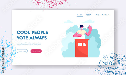 Man Put Paper Vote into Ballot Box Showing Victory Gesture. Male Character Execute Rights and Duties in Political Country Life Website Landing Page, Web Page. Cartoon Flat Vector Illustration, Banner