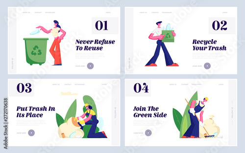 Ecology Protection, Recycling, Plastic Reuse Website Landing Page Set, Volunteers Cleaning Garbage, People Collecting Trash, Charity Social Concept, Web Page. Cartoon Flat Vector Illustration, Banner