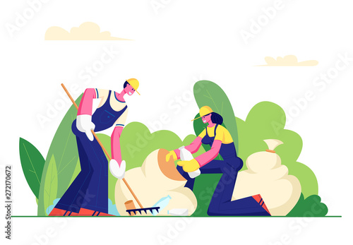 Volunteer People Cleaning Garbage in City Park Area. Volunteering, Men and Women Collecting Trash to Sacks, Racking Ground, Charity Social Concept, Ecology Protection. Cartoon Flat Vector Illustration