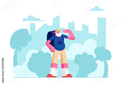 Senior Tourist Male Character with Backpack in City Trip, Elderly Traveling Man with Photo Camera Travel at Summer Time in Foreign Country, Aged Pensioner in Voyage