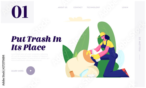 Ecology Protection, Volunteer Woman Collecting Trash to Sack Cleaning Garbage in Park. Volunteering, Charity Social Concept, Website Landing Page, Web Page. Cartoon Flat Vector Illustration, Banner