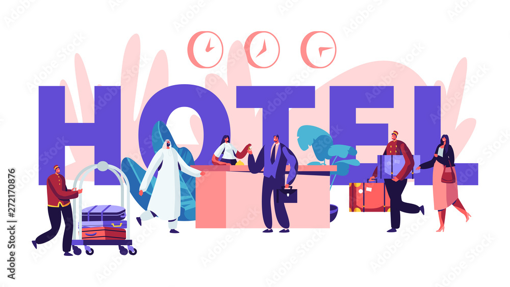 People in Hotel Concept. Reception, Lobby Interior with Stuff Meeting Arabic and European Guests. Characters Arriving to Hotel Poster, Banner, Flyer, Brochure. Cartoon Flat Vector Illustration