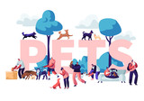 People and Pets Concept. Male and Female Characters Walking with Dogs and Cats Outdoors, Relaxing, Leisure, Love, Care of Animals Poster, Banner, Flyer, Brochure. Cartoon Flat Vector Illustration
