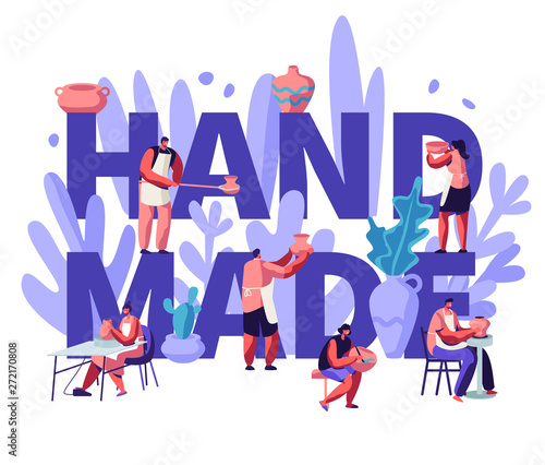 Handmade Concept. Characters Making Painting, Baking in Oven and Decorating Pots, Earthenware, Crockery Ceramics at Pottery Workshop, Poster, Banner, Flyer, Brochure. Cartoon Flat Vector Illustration