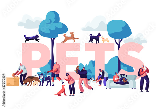 People and Pets Concept. Male and Female Characters Walking with Dogs and Cats Outdoors, Relaxing, Leisure, Love, Care of Animals Poster, Banner, Flyer, Brochure. Cartoon Flat Vector Illustration
