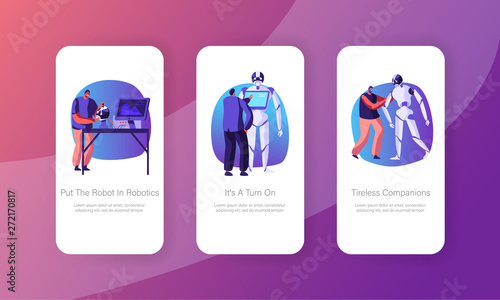 Engineers Characters Making and Programming Robots Mobile App Page Onboard Screen Set. Robotics Hardware and Software Engineering Concept for Website or Web Page, Cartoon Flat Vector Illustration