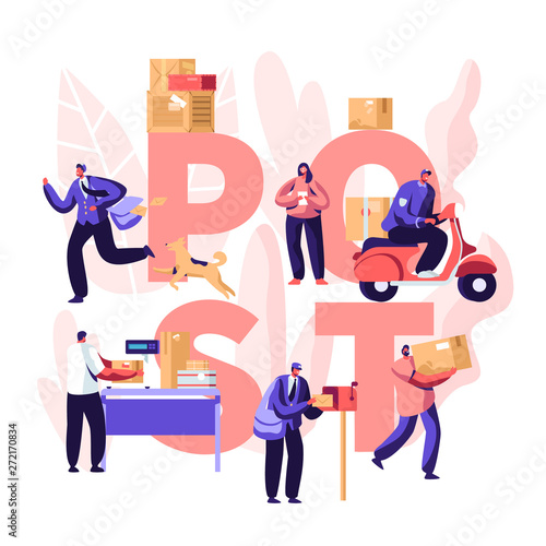 People in Post Office Concept, Postmen Deliver Mail Packages to Customers. Mail Delivery Service, Postage Transportation. Profession. Poster, Banner, Flyer, Brochure. Cartoon Flat Vector Illustration