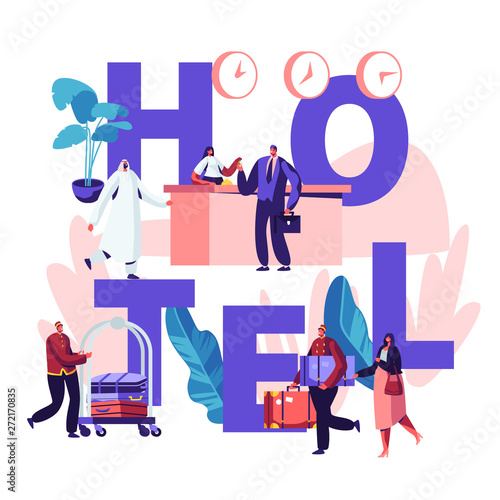 People in Hotel Concept. Reception, Lobby Interior with Stuff Meeting Arabic and European Guests. Characters Arriving to Hotel Poster, Banner, Flyer, Brochure. Cartoon Flat Vector Illustration