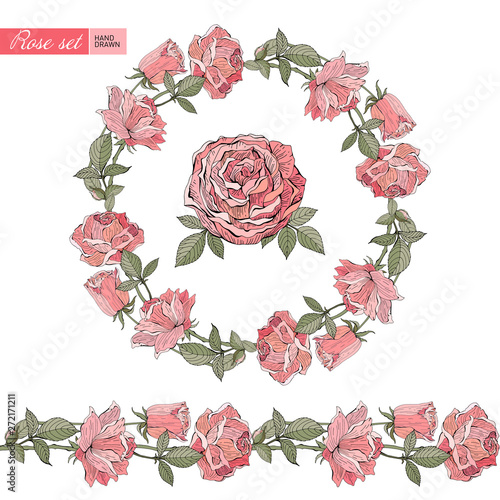 Wedding wreath save the date. Pink, red rose. Vector illustration. Summer flowers. Isolated on white background. Retro, vintage.