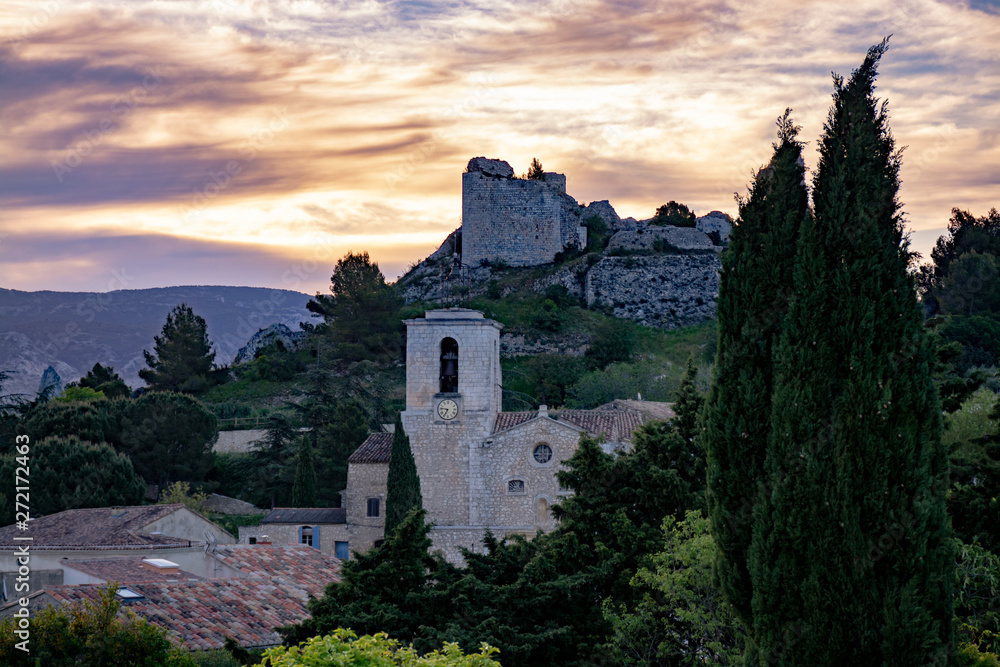 View on traditional medieval houses and castle ruines in Provence, South of France, vacation and tourist destination