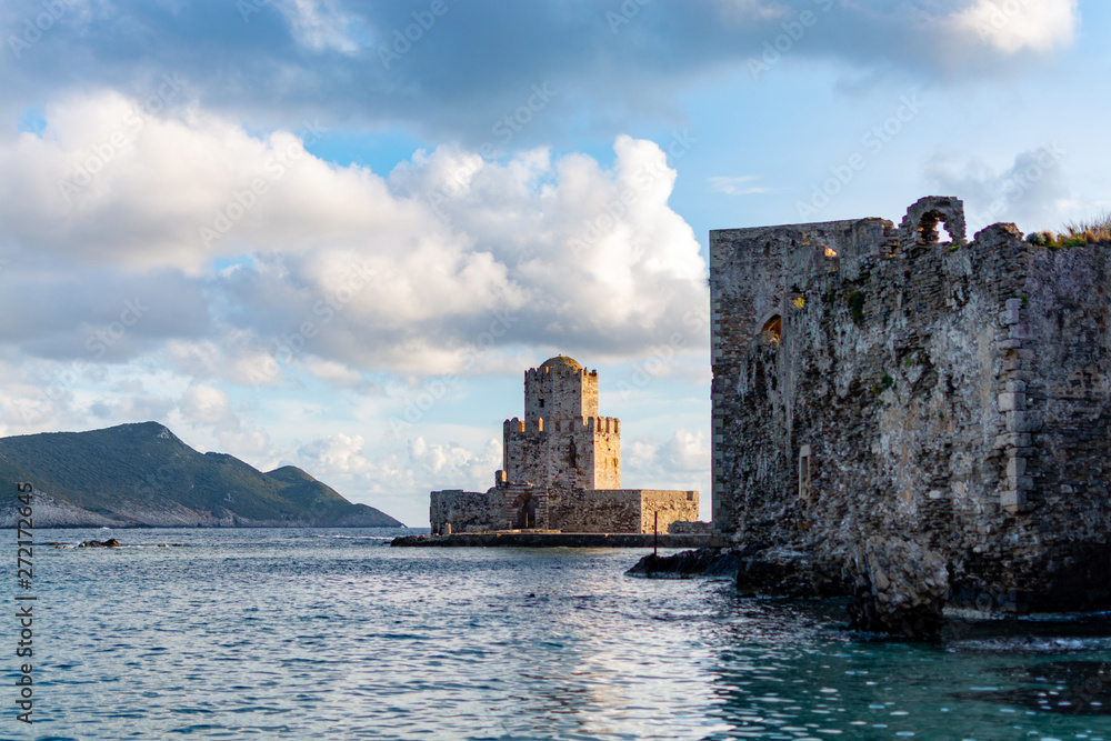 Ancient picturesque town Methoni on Peloponnese, Greece with old fort and historical castle, tourist destination
