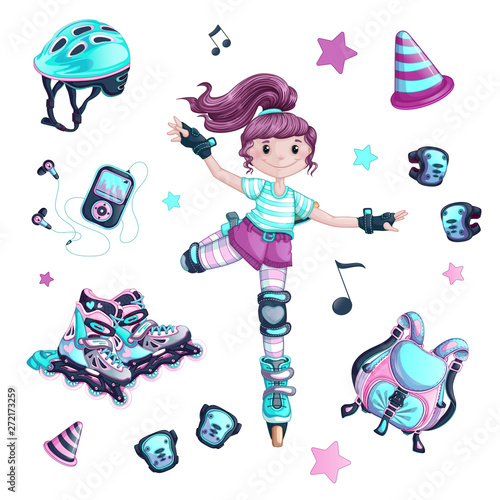 A set of items for a girl who is engaged in a roller slalom. Roller skates, dividing chips, bag backpack, helmet, knee pads, elbow pads. Cartoon collection and character.