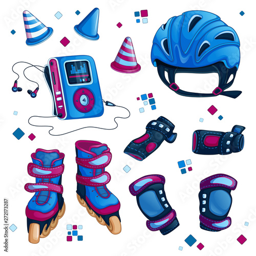 Set of sports accessories for roller skating. Helmet, roller skates, knee pads, protective gloves, MP3 player, dividing chips for slalom. Cartoon vector items.