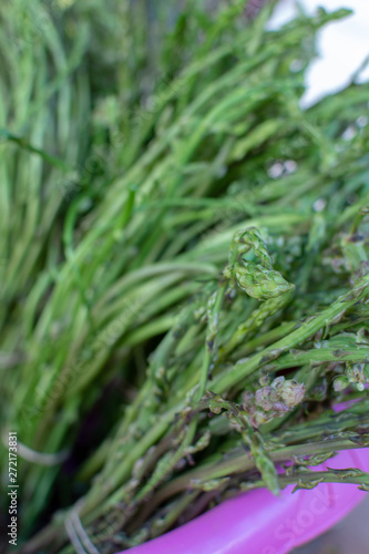 Natural food from forest and mountains in Greece green wild asparagus on farmer market