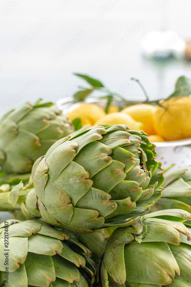 Heads flowers of fresh raw artichokes plants from artichoke plantation in Argolida, Greece ready to cook with lemon Heads flowers of fresh raw artichokes plants from artichoke plantation in Argolida, Greece ready to cook with lemon
